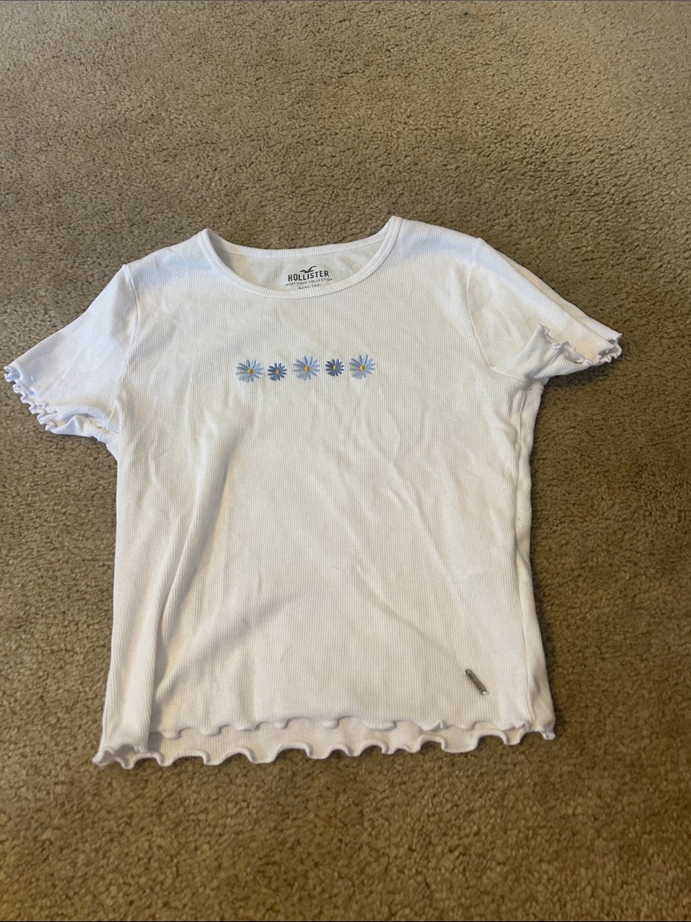 Hollister White Ribbed Tee with Blue Daisy Row